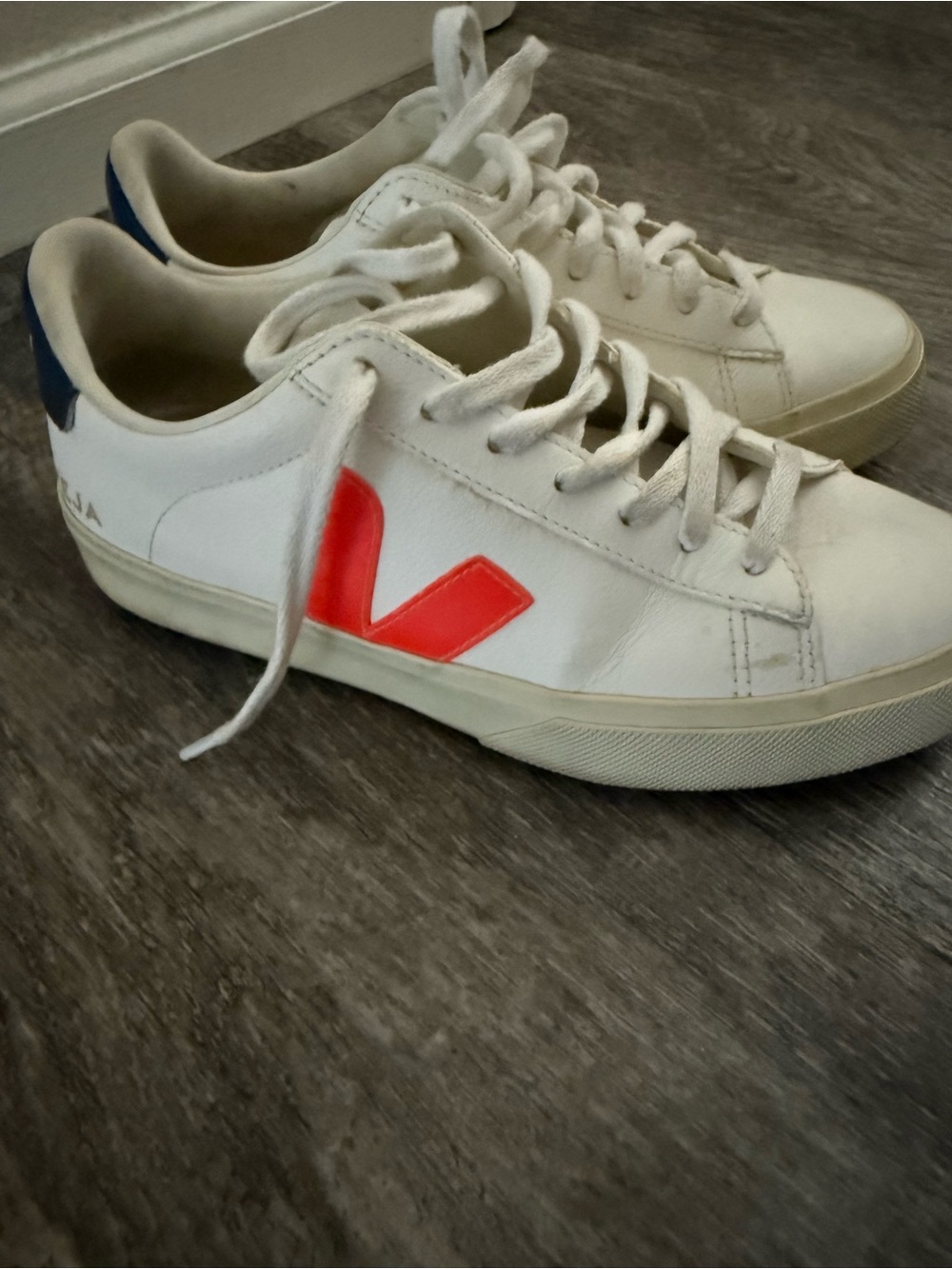Veja White Leather Sneakers with Red V and Navy Heel